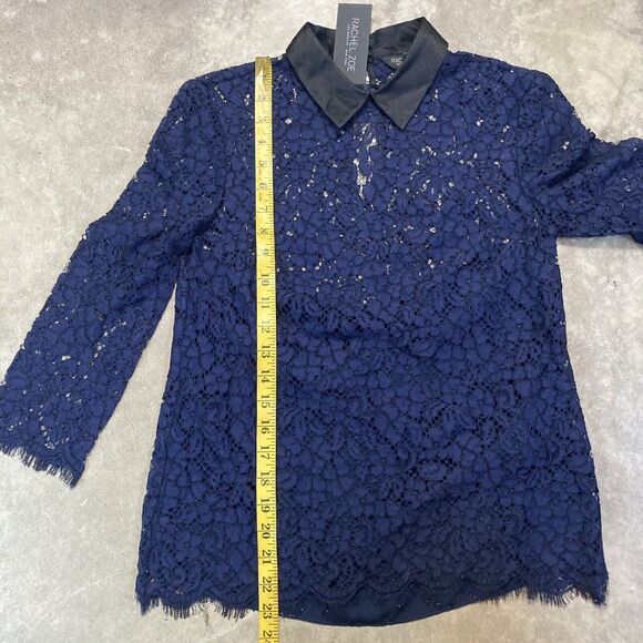 Rachel Zoe Blouse Womens 4 Navy Blue Lace Collared Lined Collared‎ Preppy - Picture 3 of 9